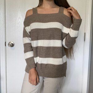 New York & Company tan and white striped off-the-shoulder sweater